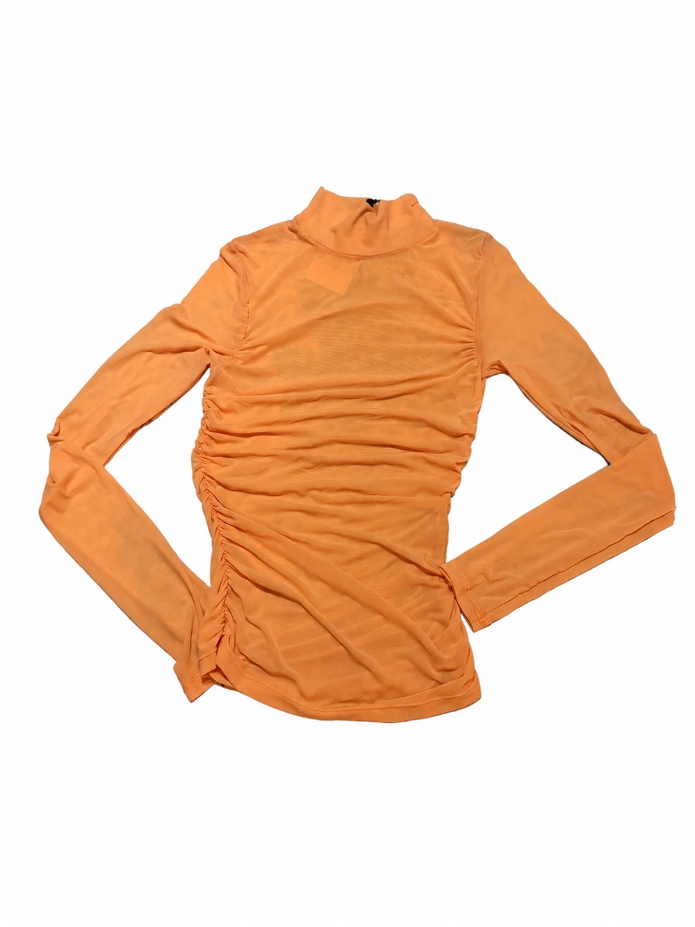 Zara Orange sheer Ruched Long-Sleeve Mock Neck Top